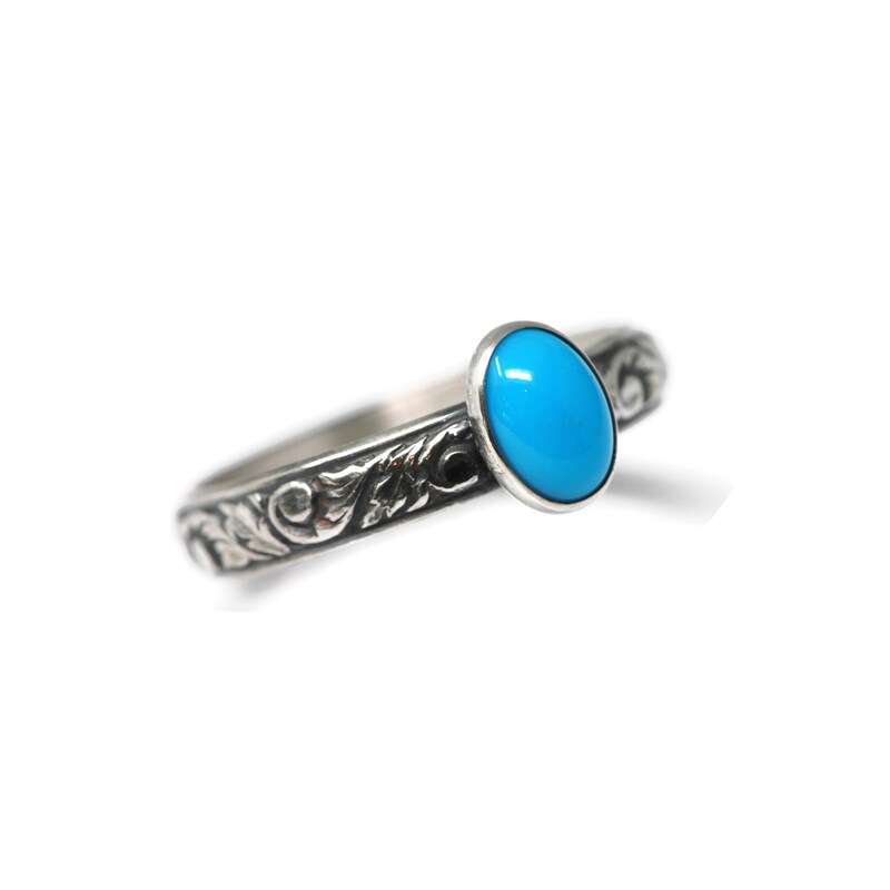 Oval Sleeping Beauty Turquoise Ring Vine Pattern Vintage Silver by Salish Sea Inspirations